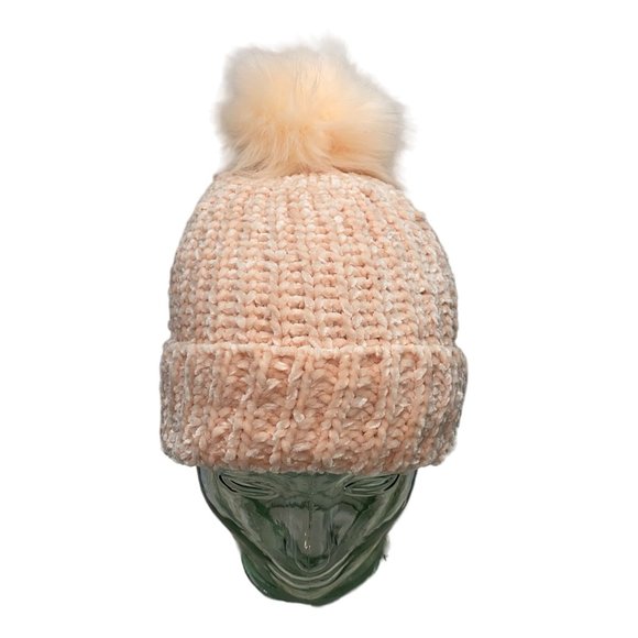 Peach Fuzz Knit Chenille Fold-over Beanie with Faux Fur Pom Pom - Picture 11 of 11